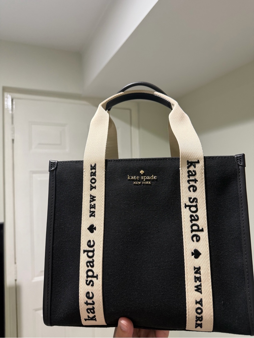 Kate Spade Kip Black Canvas Tote with Cream Logo Straps
